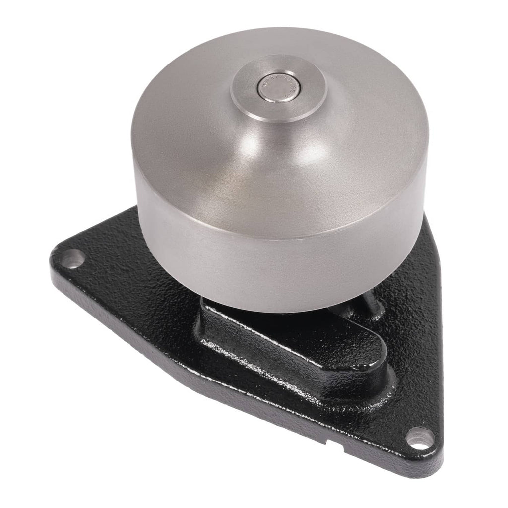 Water pump with silver circular cap on black mounting plate, centered pivot
