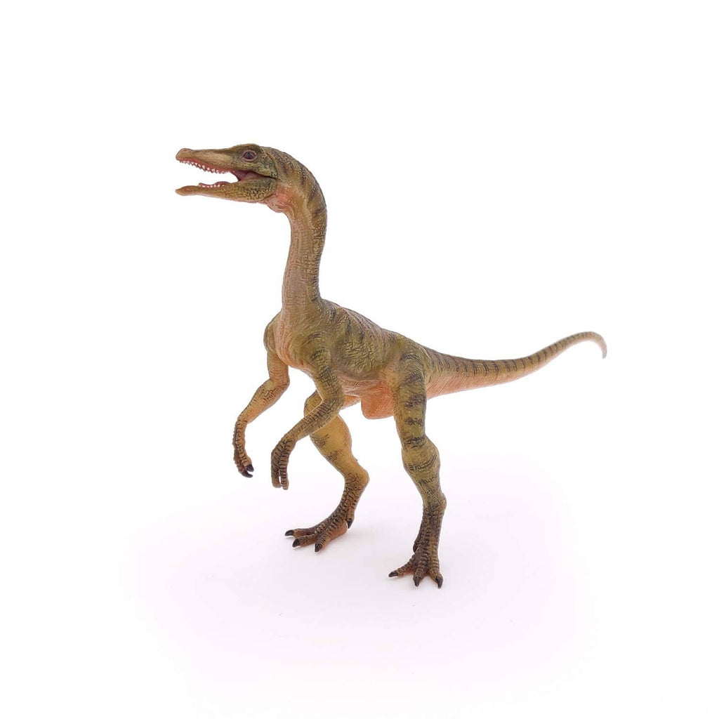 Hand-painted Compsognathus dinosaur figurine standing with open mouth and claws.