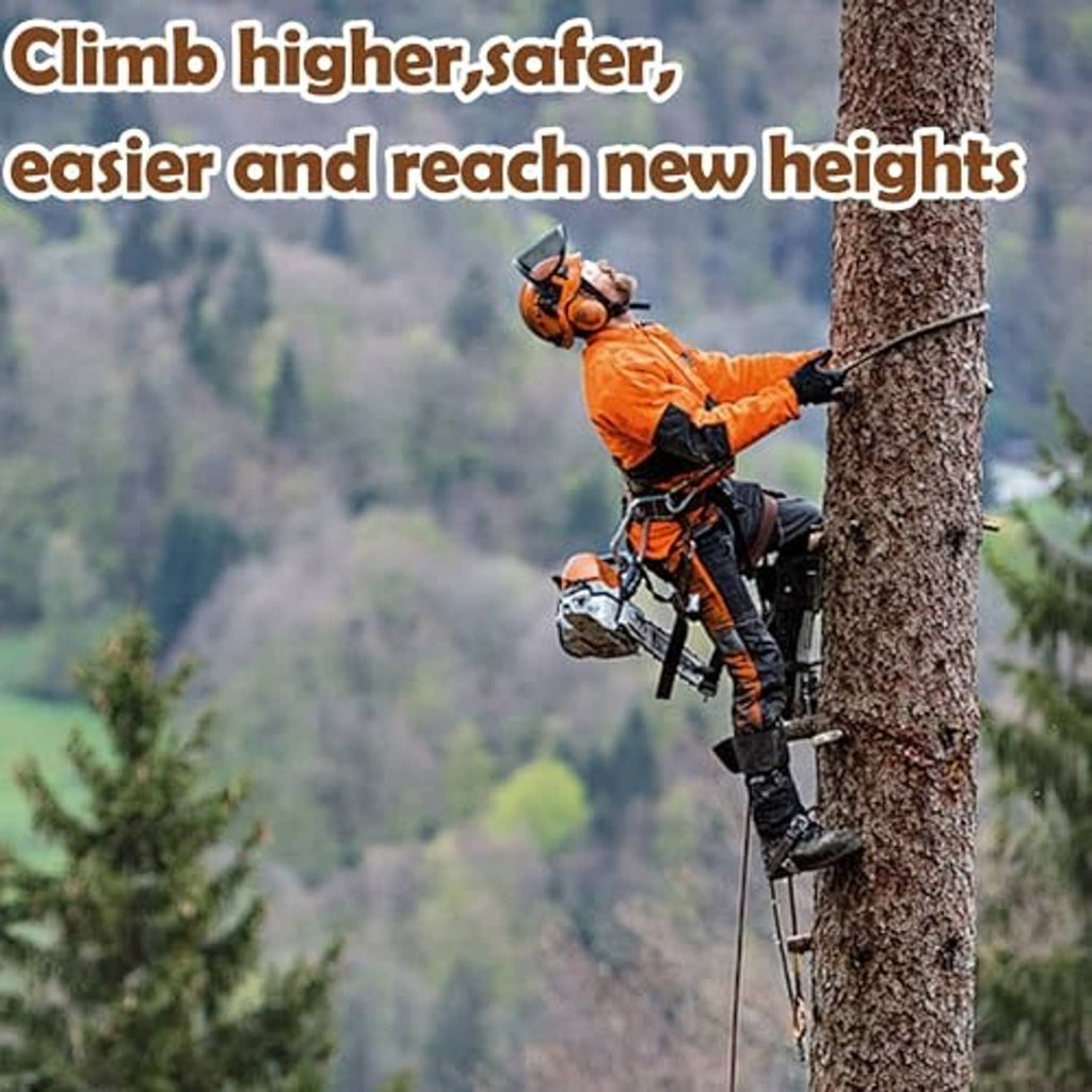 Climbing stick step aide strap attached to a tree with rope step loop for climbing.
