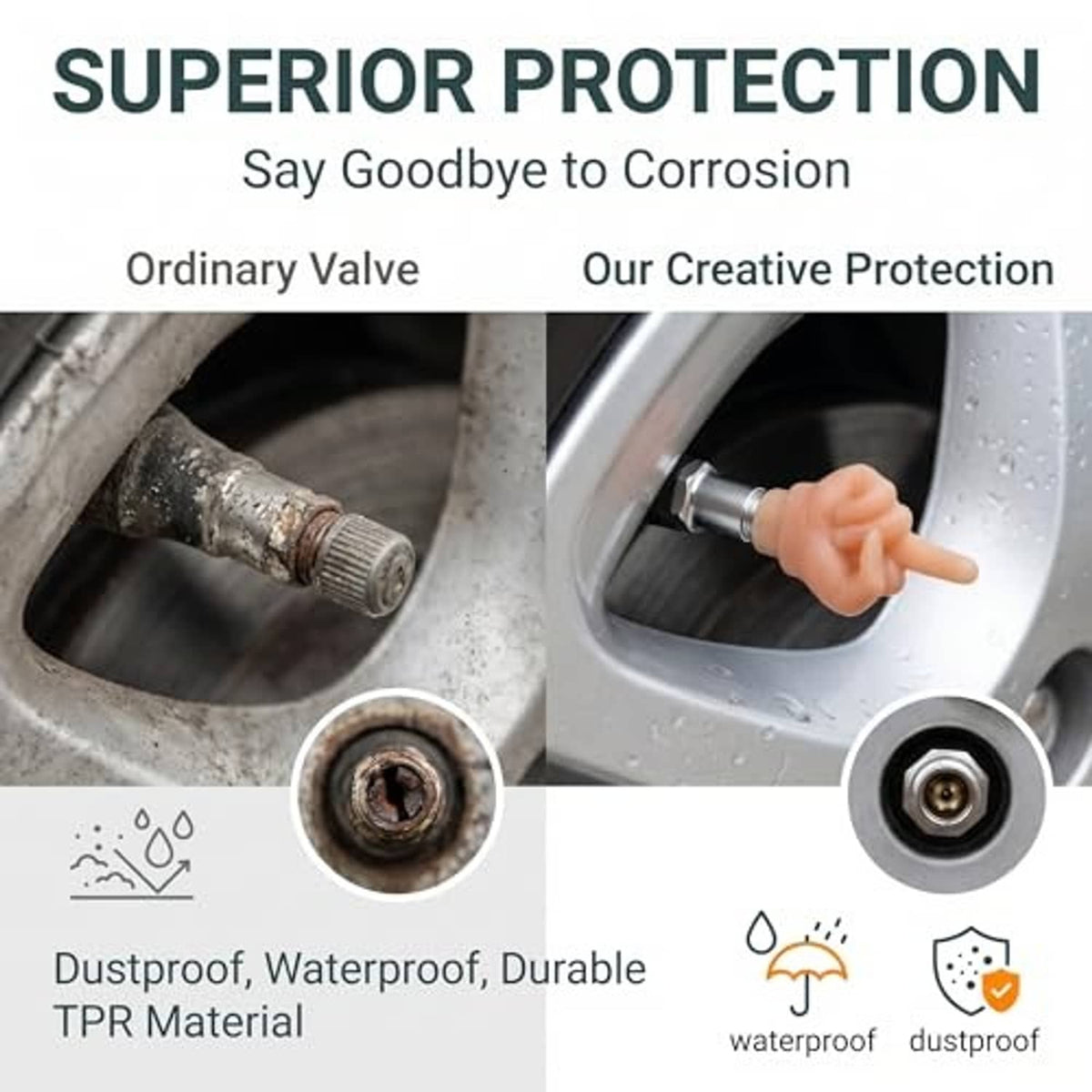 Orange middle-finger valve stem cap installed on a wheel valve.