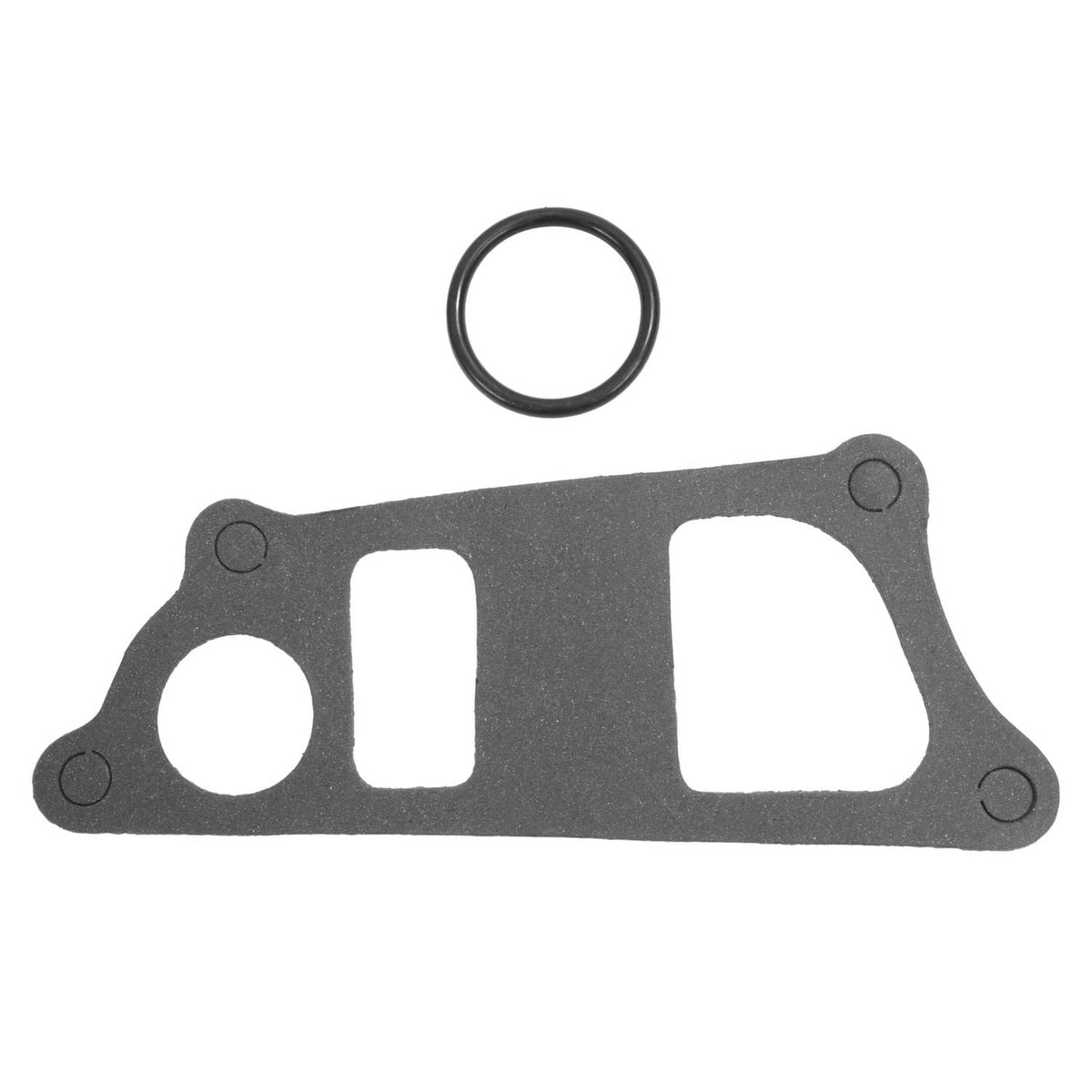 Water pump gasket with oval and rectangular cutouts and small bolt holes