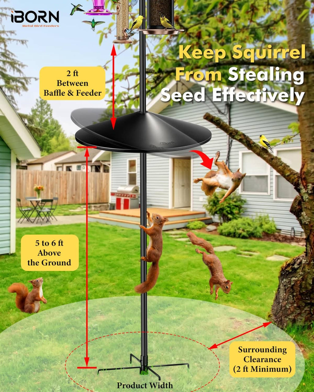 Black hanging baffle on pole mount with top hook for seed protection