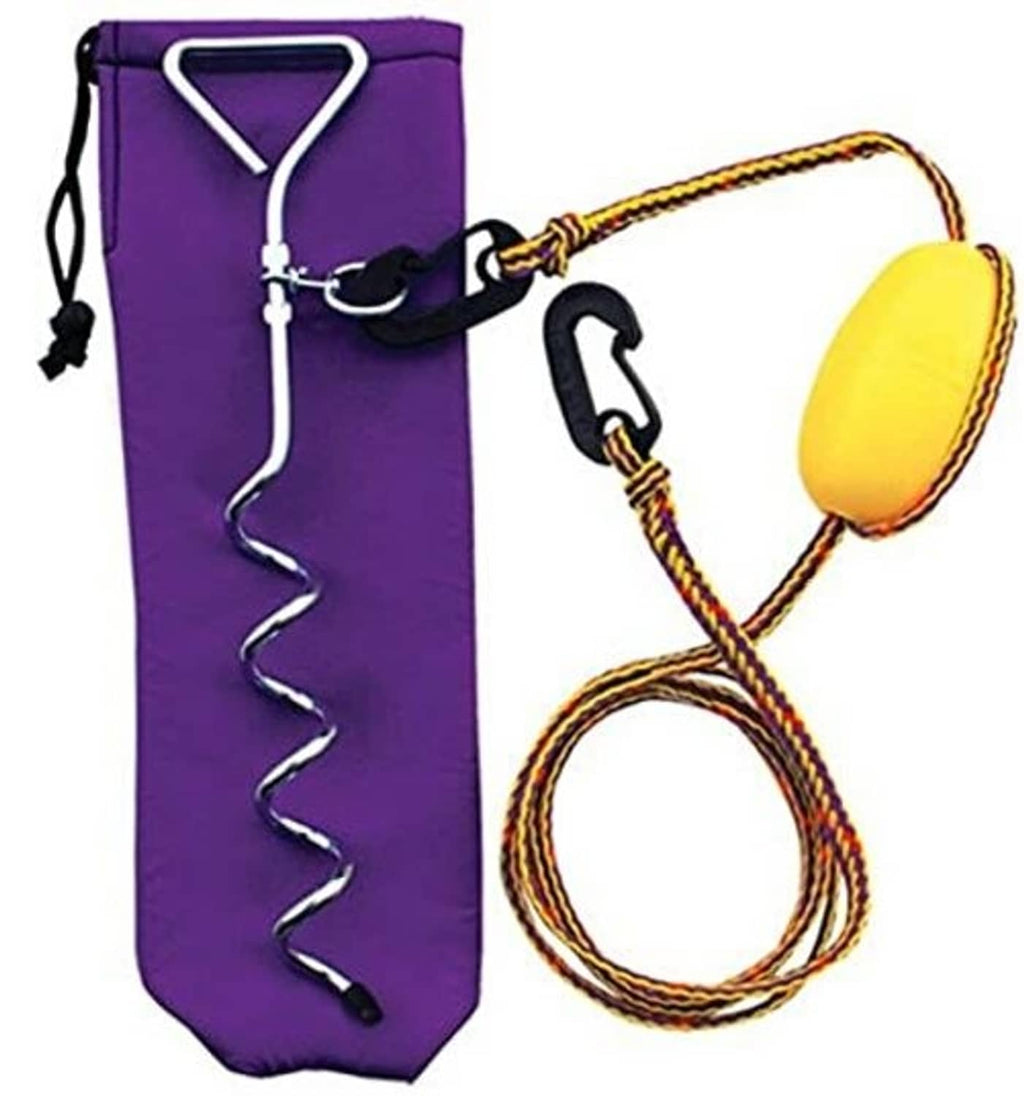 Purple anchor bag with looped rope and yellow flotation attached to carabiners