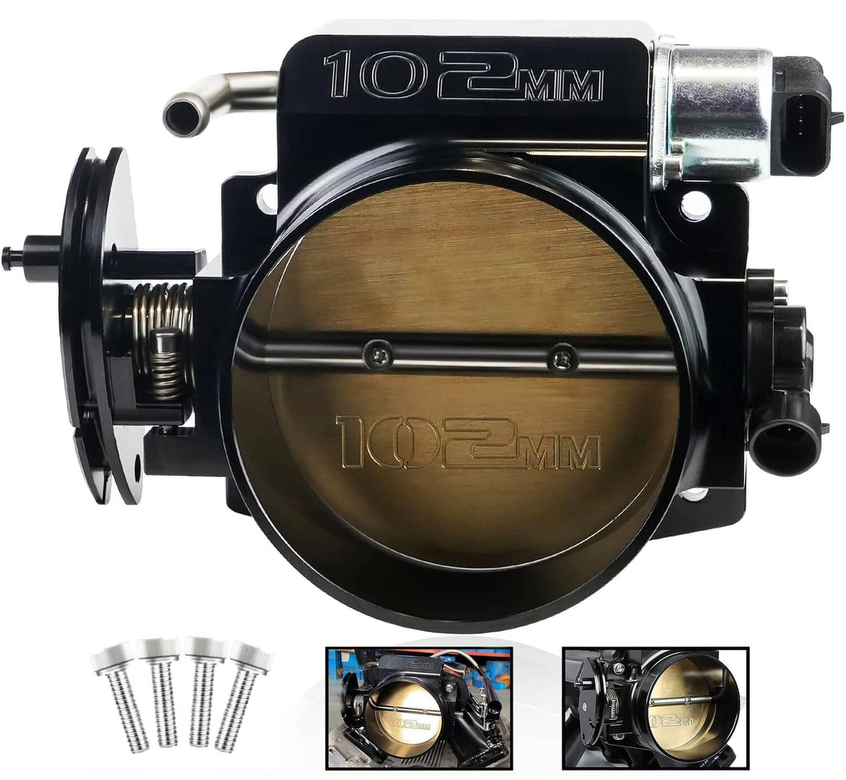 102mm aluminum 4-bolt throttle body with TPS and IAC mounting ports, black and silver