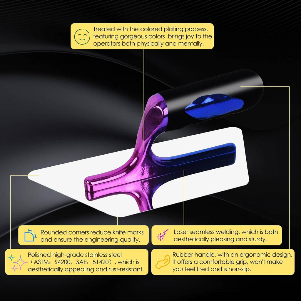 Venetian plaster trowel set detail view: rounded blade edges, blue accents, magenta