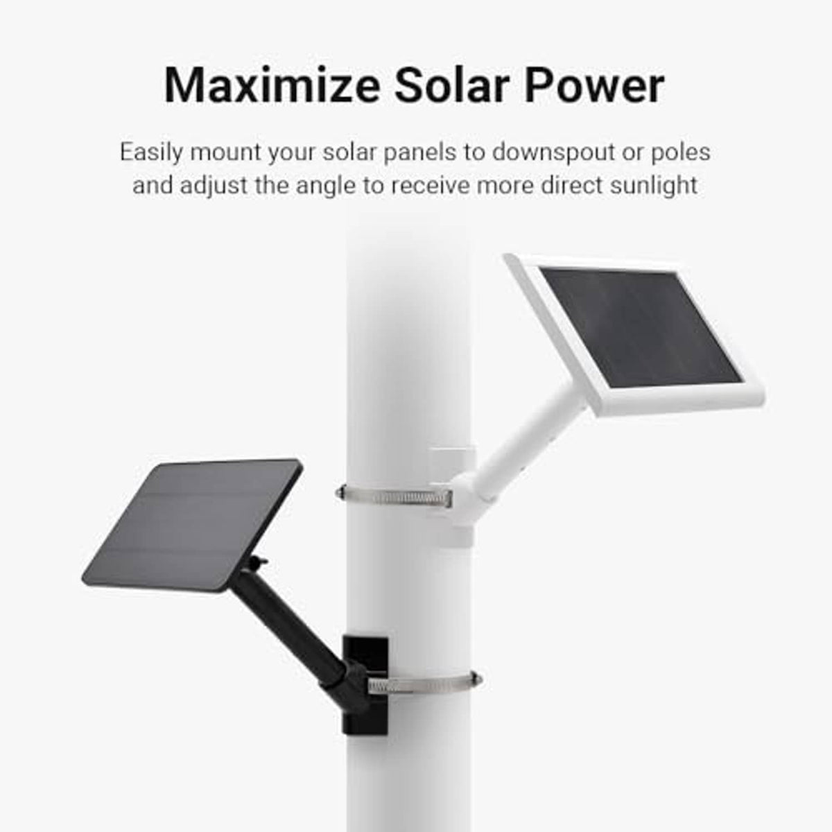 Adjustable solar panel mount on a white pole with angled bracket and mounting arm