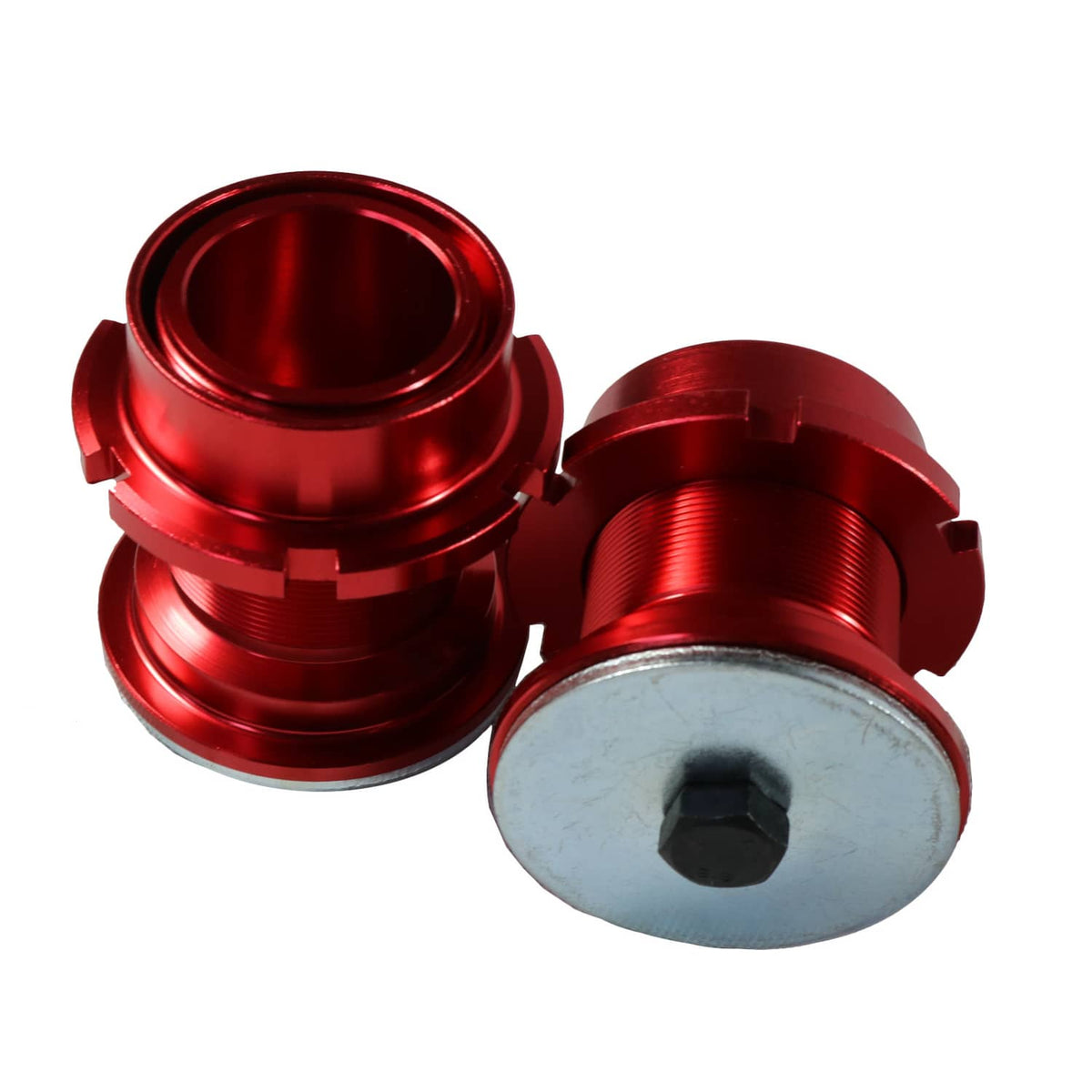Red anodized spring perches with mounting cap and central bolt, aftermarket hardware