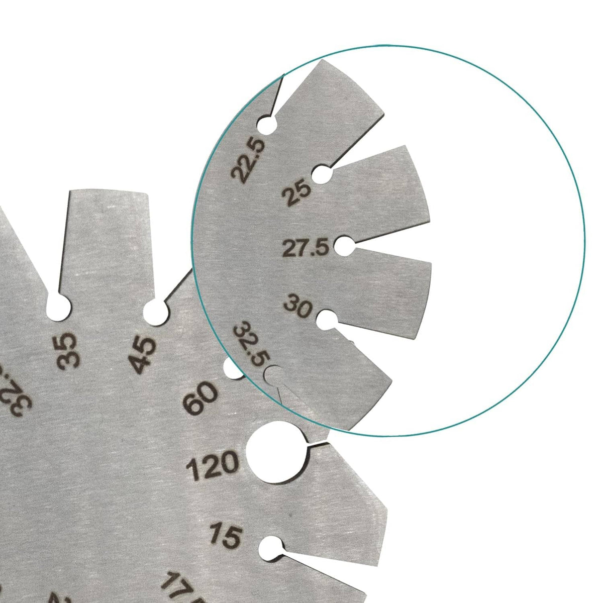 Circular bevel angle gauge with magnified sector showing markings for 20° to 30°