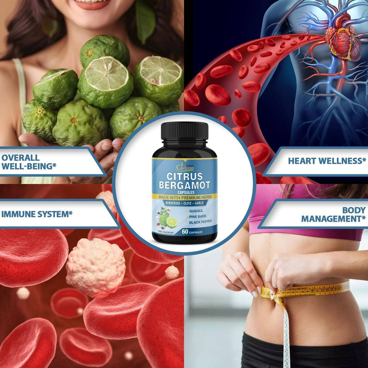 Citrus bergamot capsule bottle with “heart wellness” and “immune system” wellbeing icons