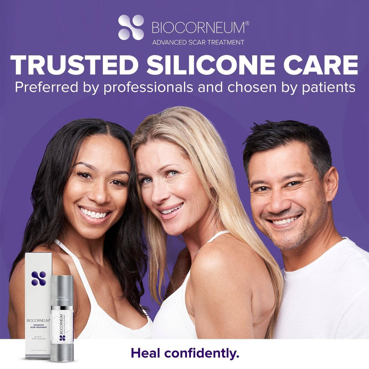 Biocorneum Silisilk 100% silicone scar gel bottle shown with smiling people