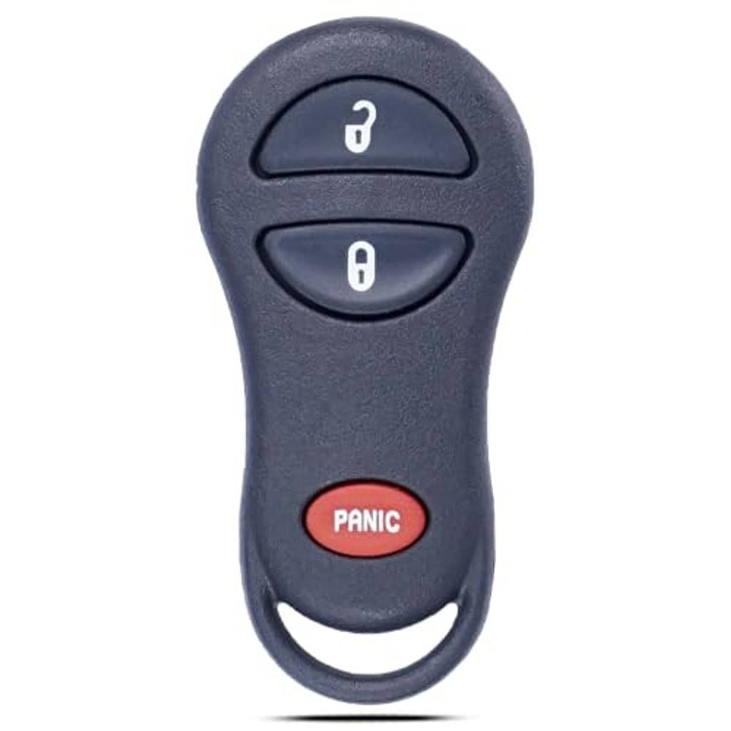 Dark blue car key fob remote close-up showing Lock, Unlock, and Panic buttons.