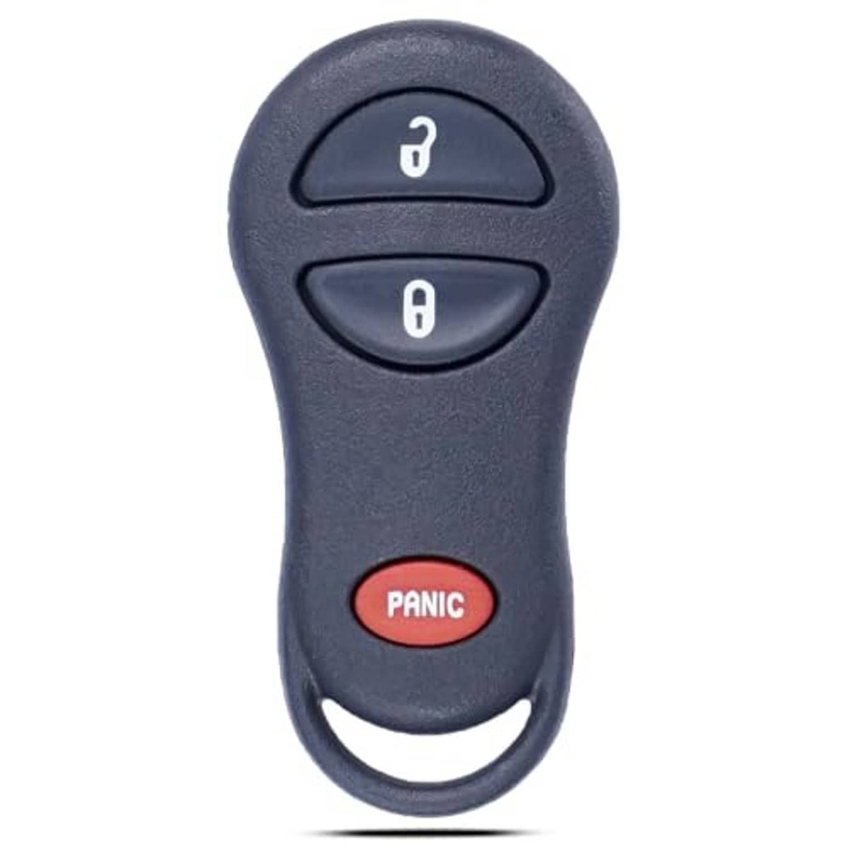 Dark blue car key fob remote close-up showing Lock, Unlock, and Panic buttons.