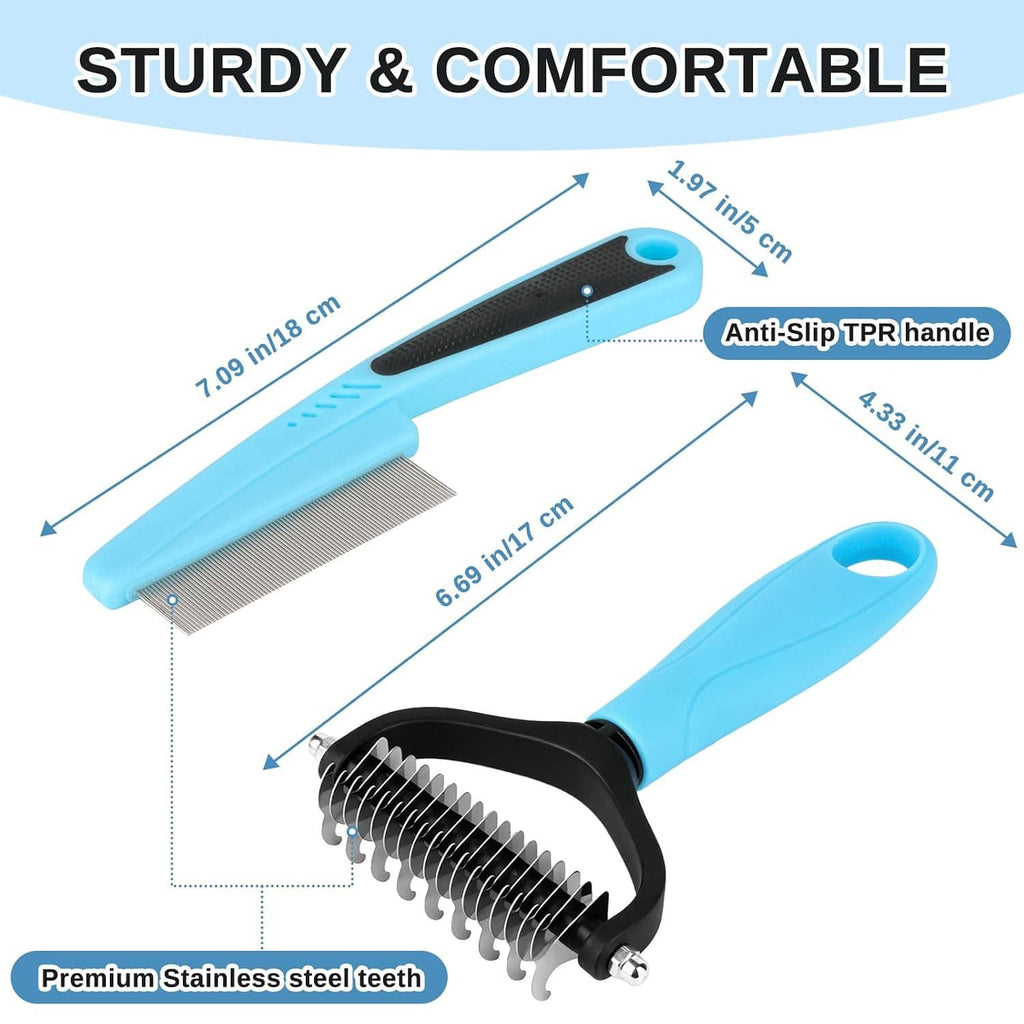 Pet grooming comb set with blue anti-slip TPR handle and metal teeth rake and comb