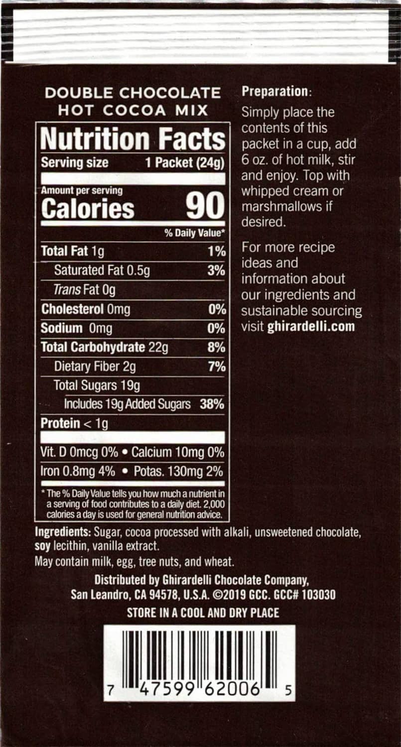 Hot cocoa mix pouch back with nutrition facts and ingredient panel