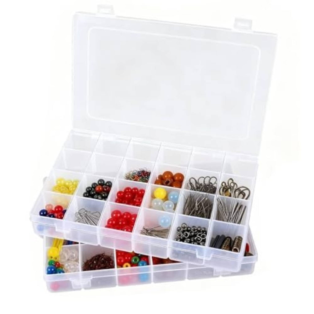 Clear plastic organizer box filled with assorted beads in grid compartments