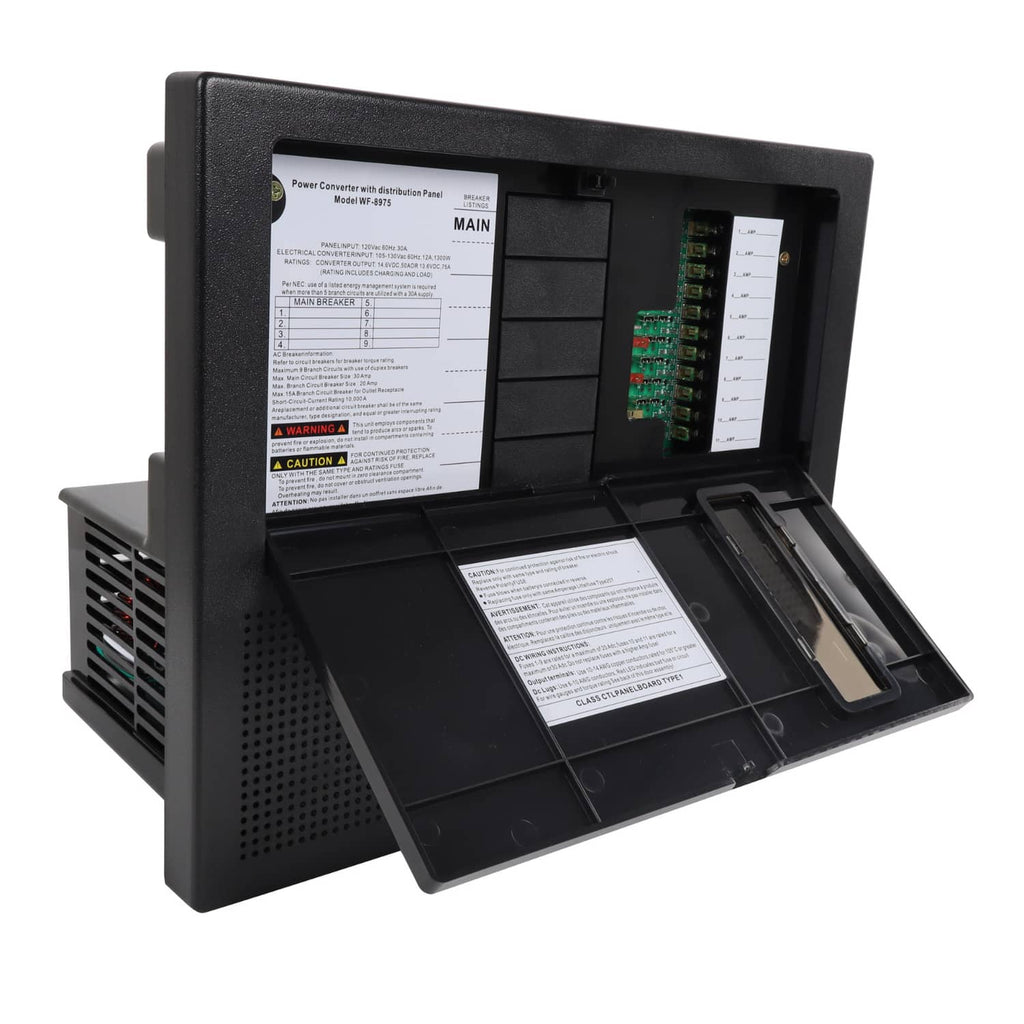 RV power converter with open front cover exposing labels and internal circuitry