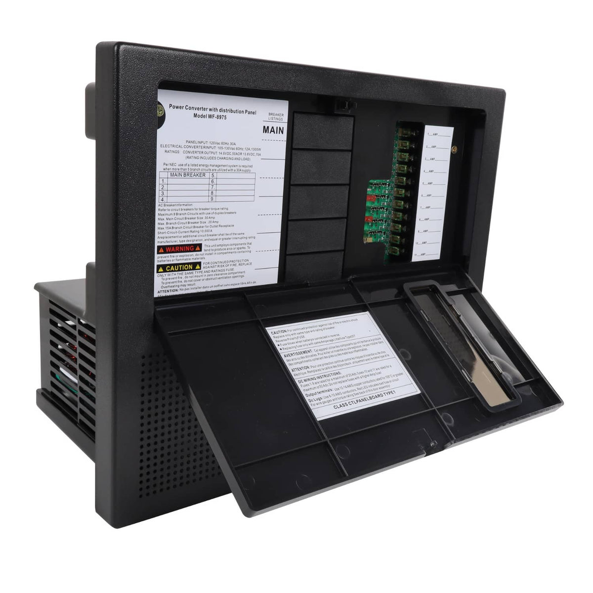 RV power converter with open front cover exposing labels and internal circuitry