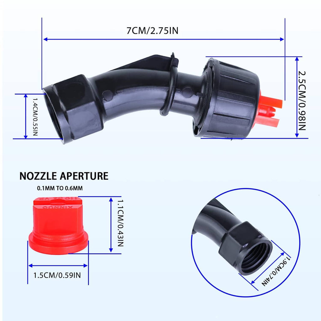 Black 110-degree flat fan spray nozzle elbow with red outlet insert