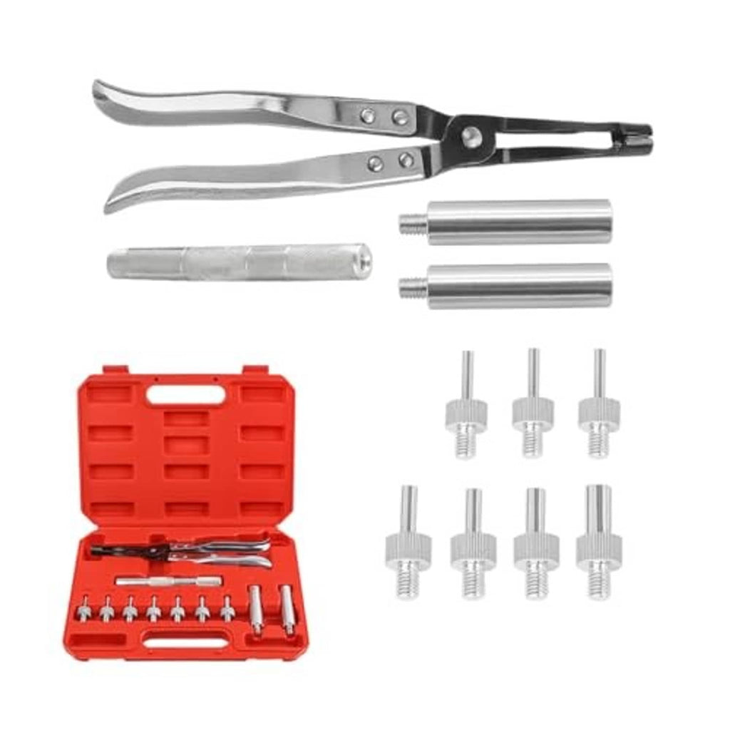 Vehicle valve stem seal remover tool set with black pliers, metal pins, and red case