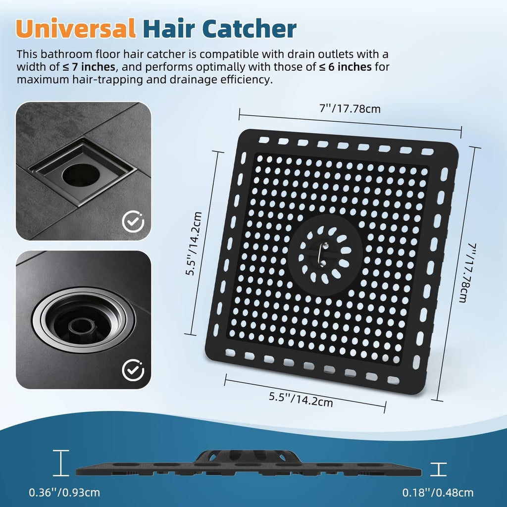 Matte black square shower drain hair catcher, perforated grid with round center and raised rim