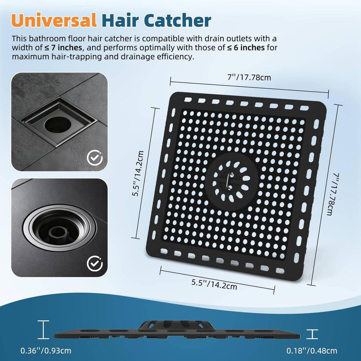 Matte black square shower drain hair catcher, perforated grid with round center and raised rim
