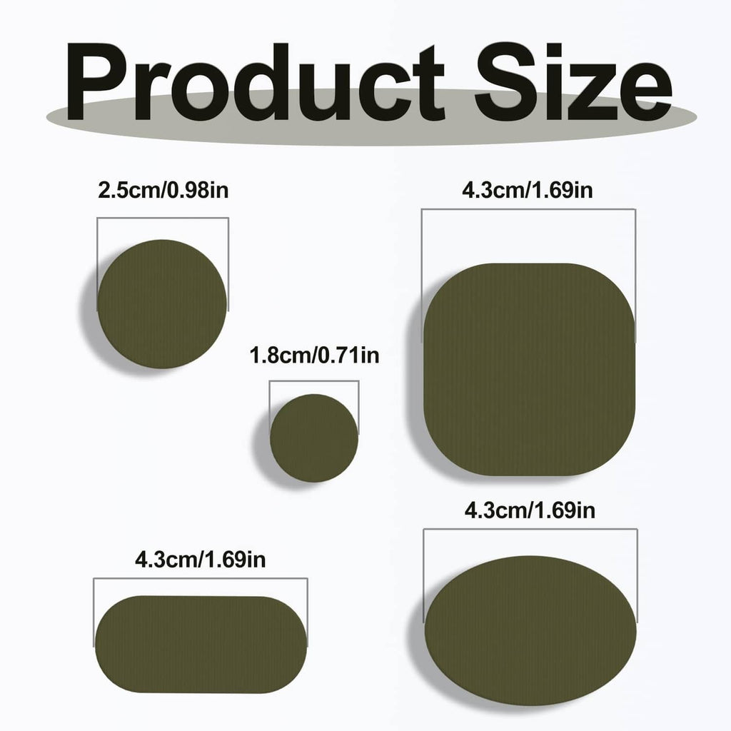 Army green repair patch set with three sizes: small round, medium round, large square