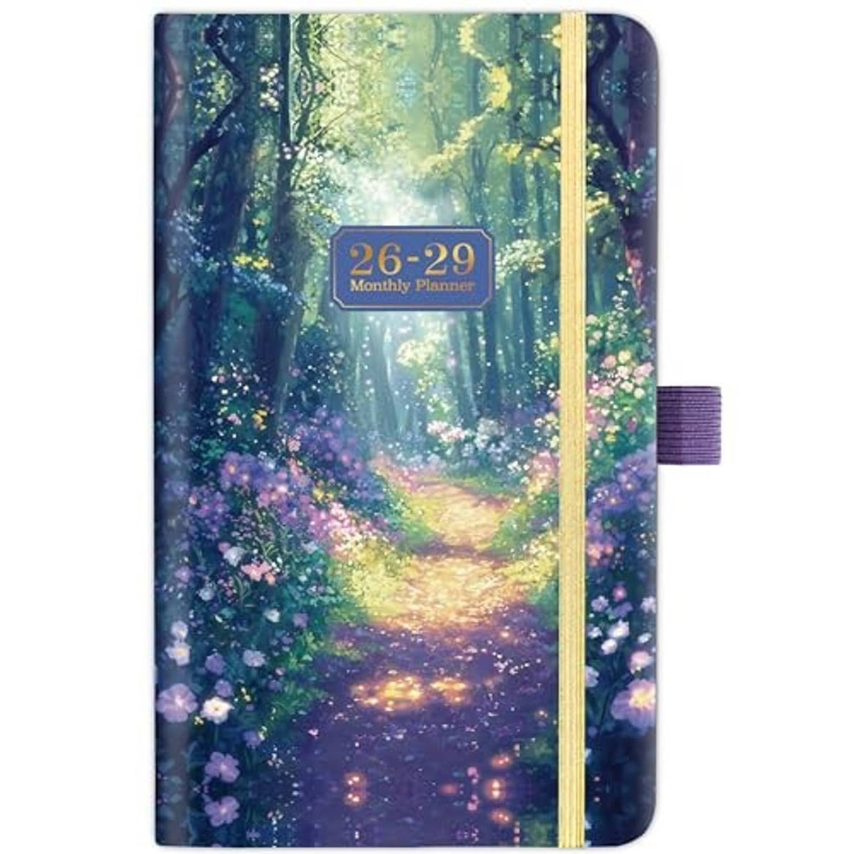 Pocket calendar 2026-2029 front cover with forest scene art, “26-29” badge, and elastic band