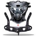 Motorcycle headlight assembly with upper stay bracket, clear lens and black housing