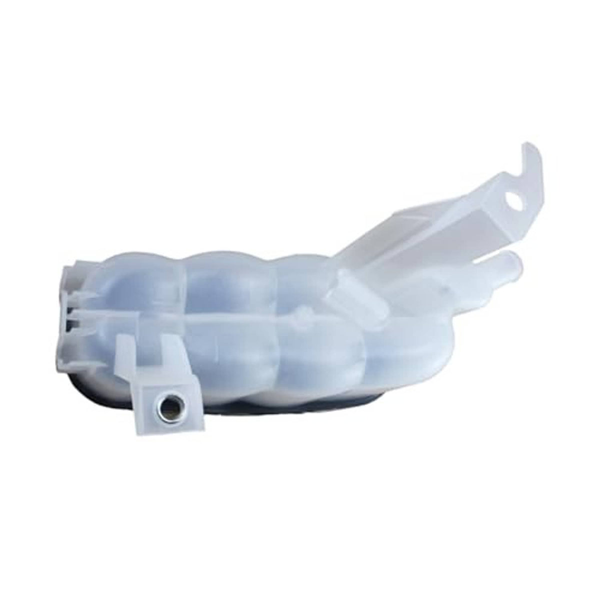 Engine coolant reservoir tank outlet end with mounting hole and clear plastic section