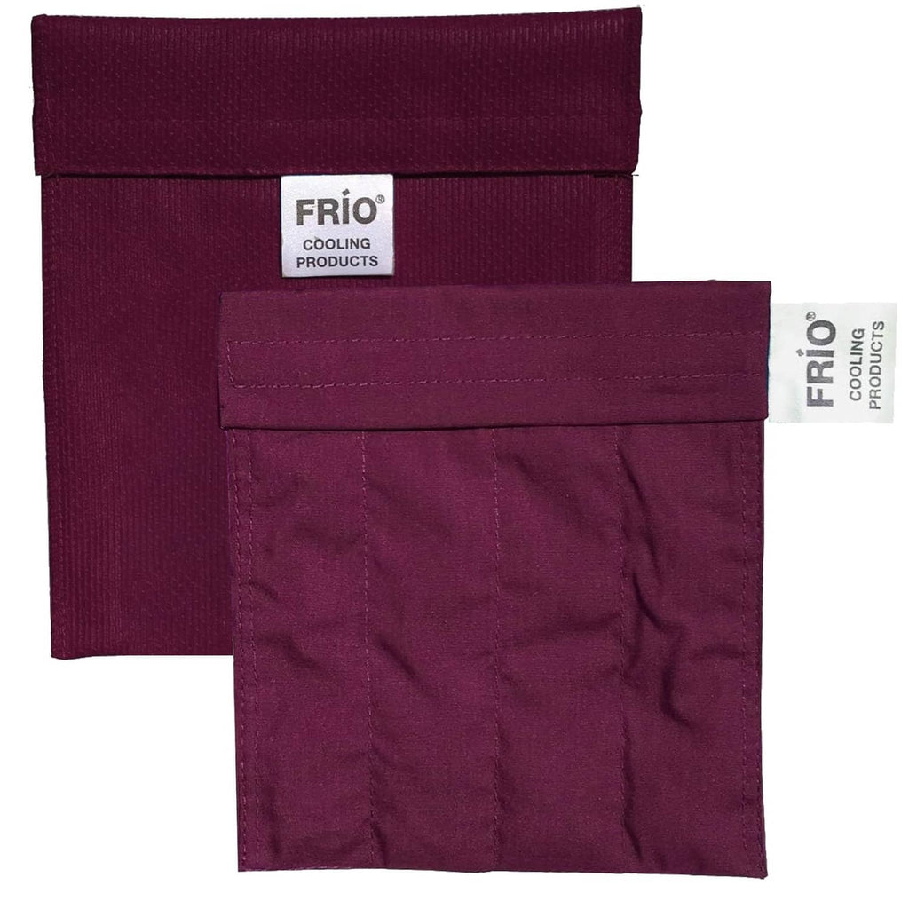 Burgundy rectangular FRIO cooling wallet with flap and inner pocket