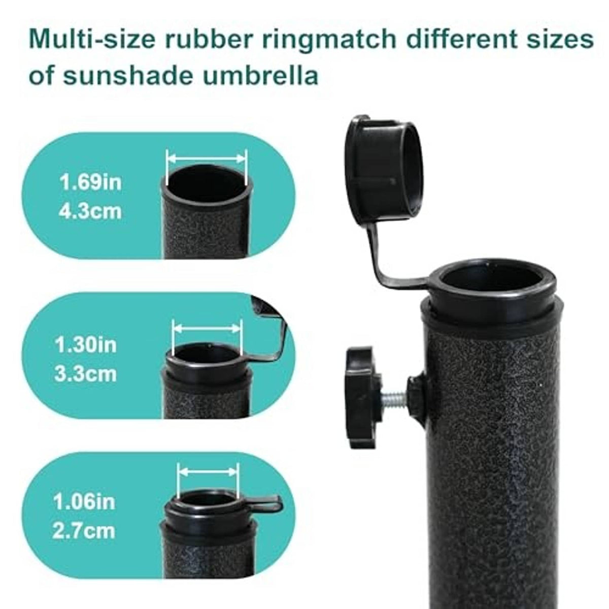 Black umbrella base insert with rubber ring sizes for shade umbrella poles