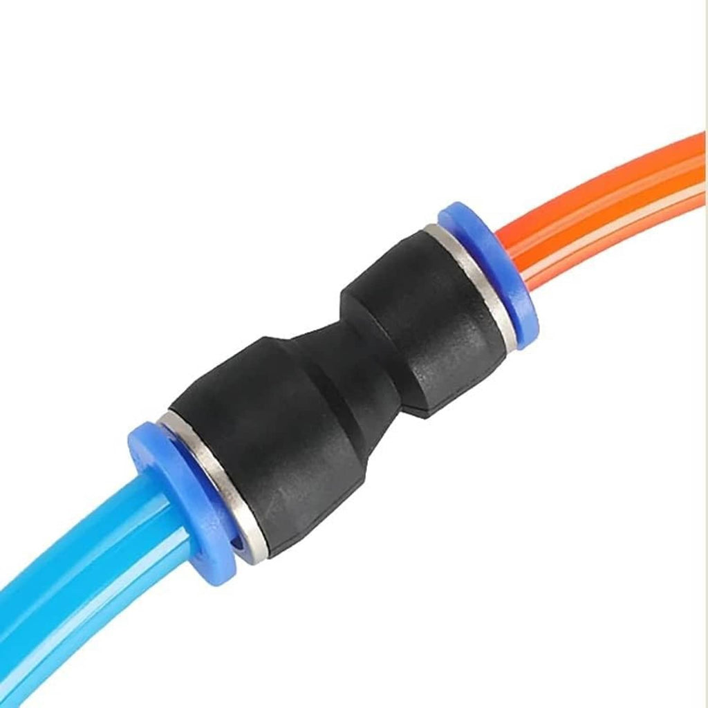 Black and blue tube reducer push-to-connect fitting joining an orange tube