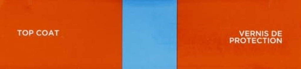 Top coat protective varnish label with “TOP COAT” text on orange and blue