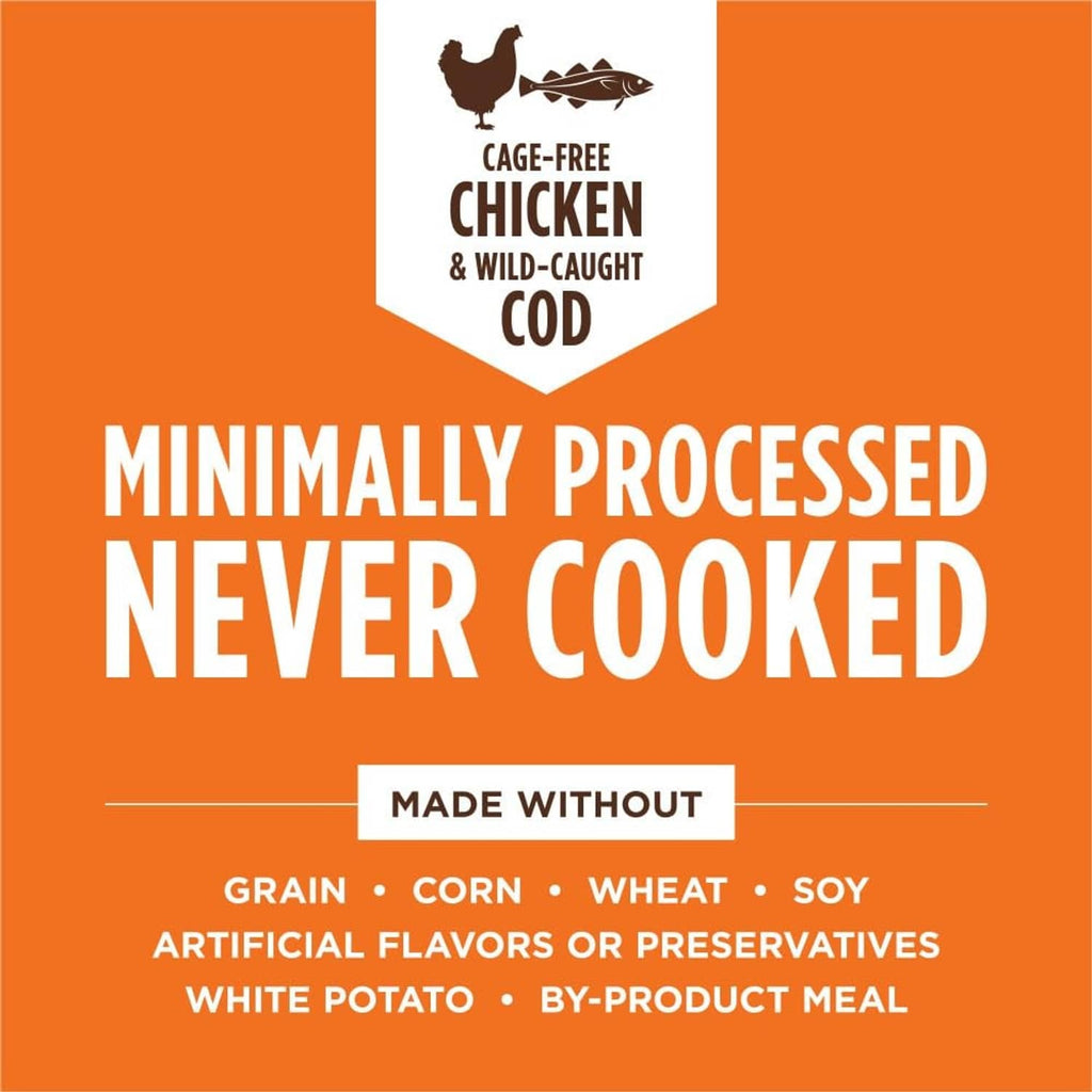 Infographic for dog food topper: minimally processed, never cooked, cage-free chicken & wild-caught cod