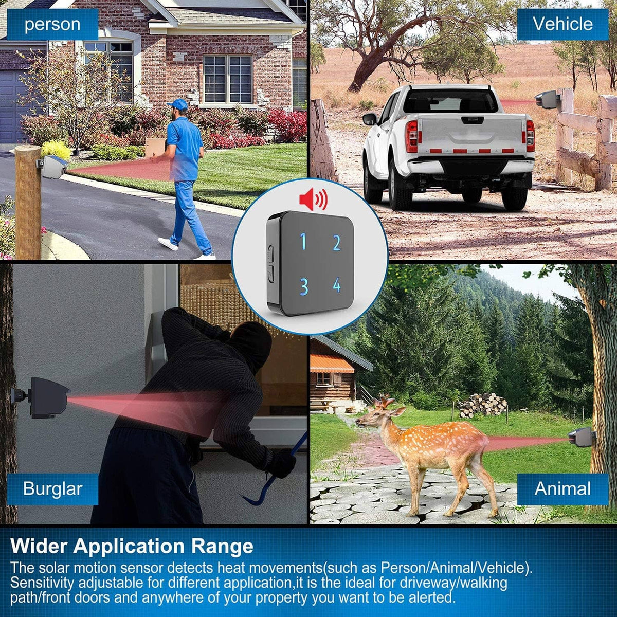 Solar driveway alarm system receiver with numbered alert display and sensor for motion alerts
