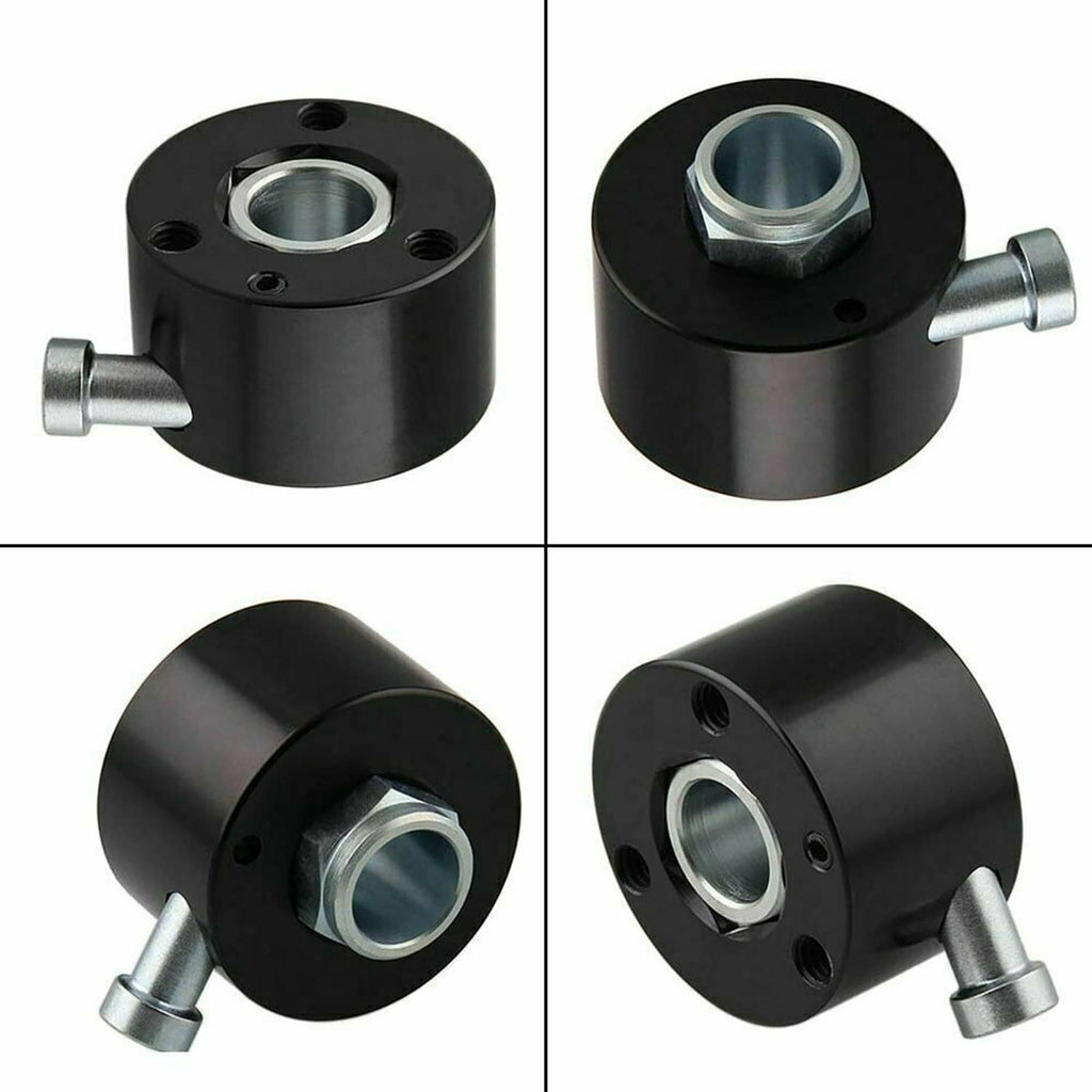 Black steering wheel disconnect hub with flanged base, four mounting holes, and side ports