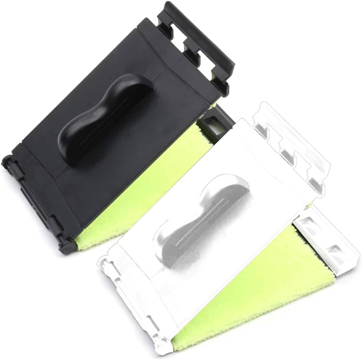 Guitar fretboard cleaner kit with black base, lime cleaning cloth, and clear accessory inserts