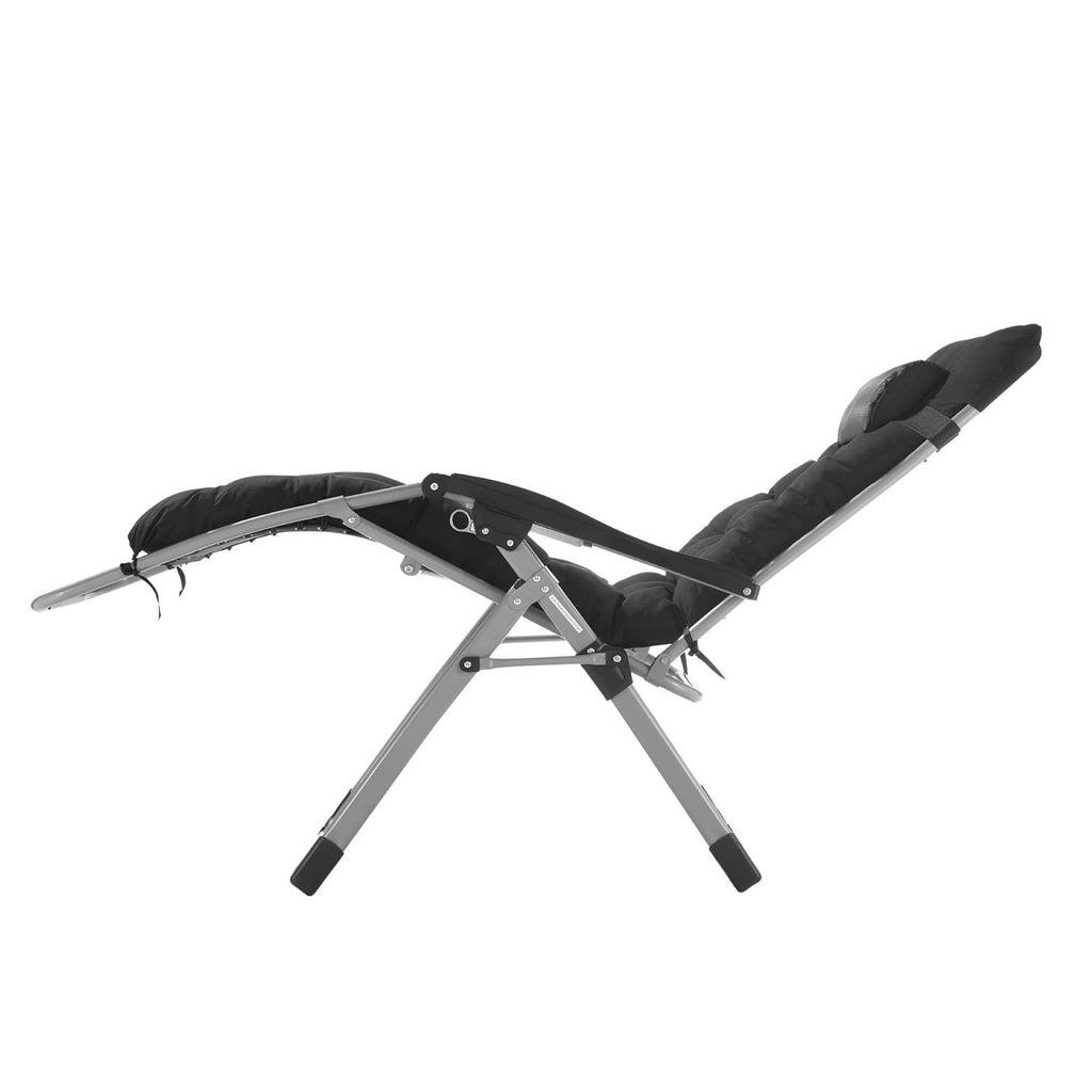 Reclining lounge chair with dark cushioned back, metal base, and extended footrest