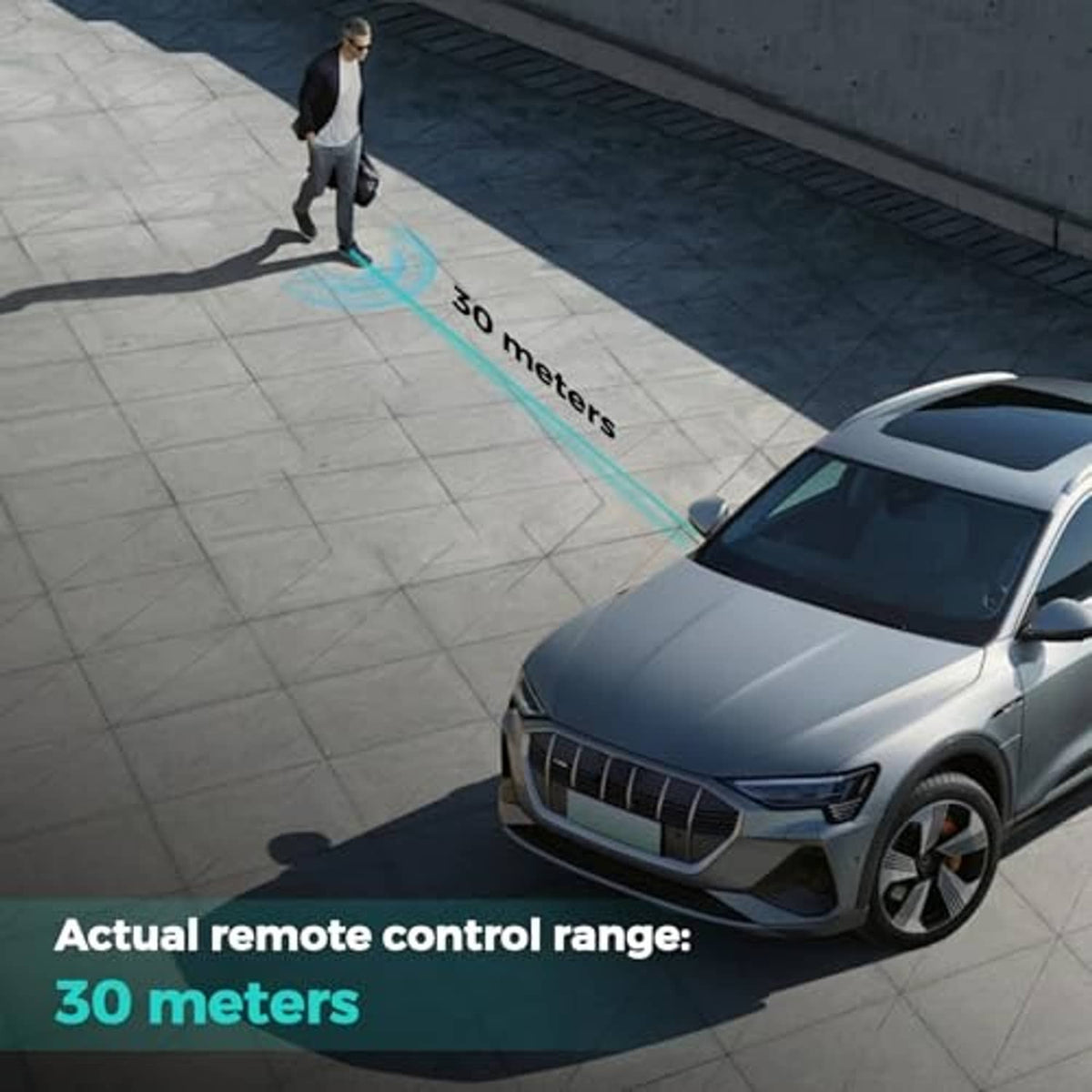 Remote control range indicator showing 30 meters near a vehicle