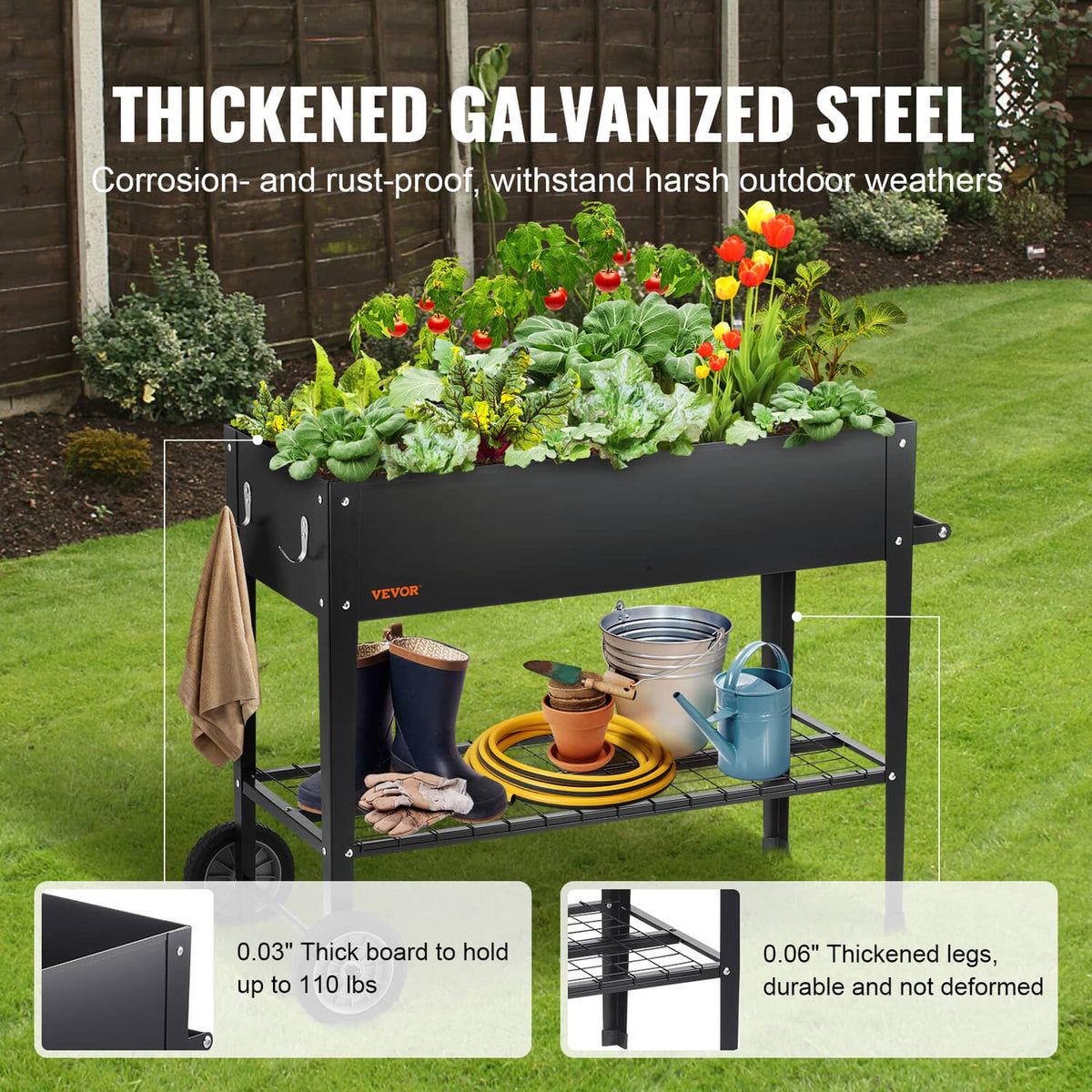 Black galvanized steel raised garden bed on wheels with side hooks and lower shelf rack