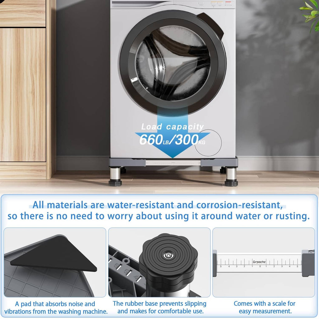Gray mini fridge on adjustable stand with rubber anti-vibration feet and scale markings