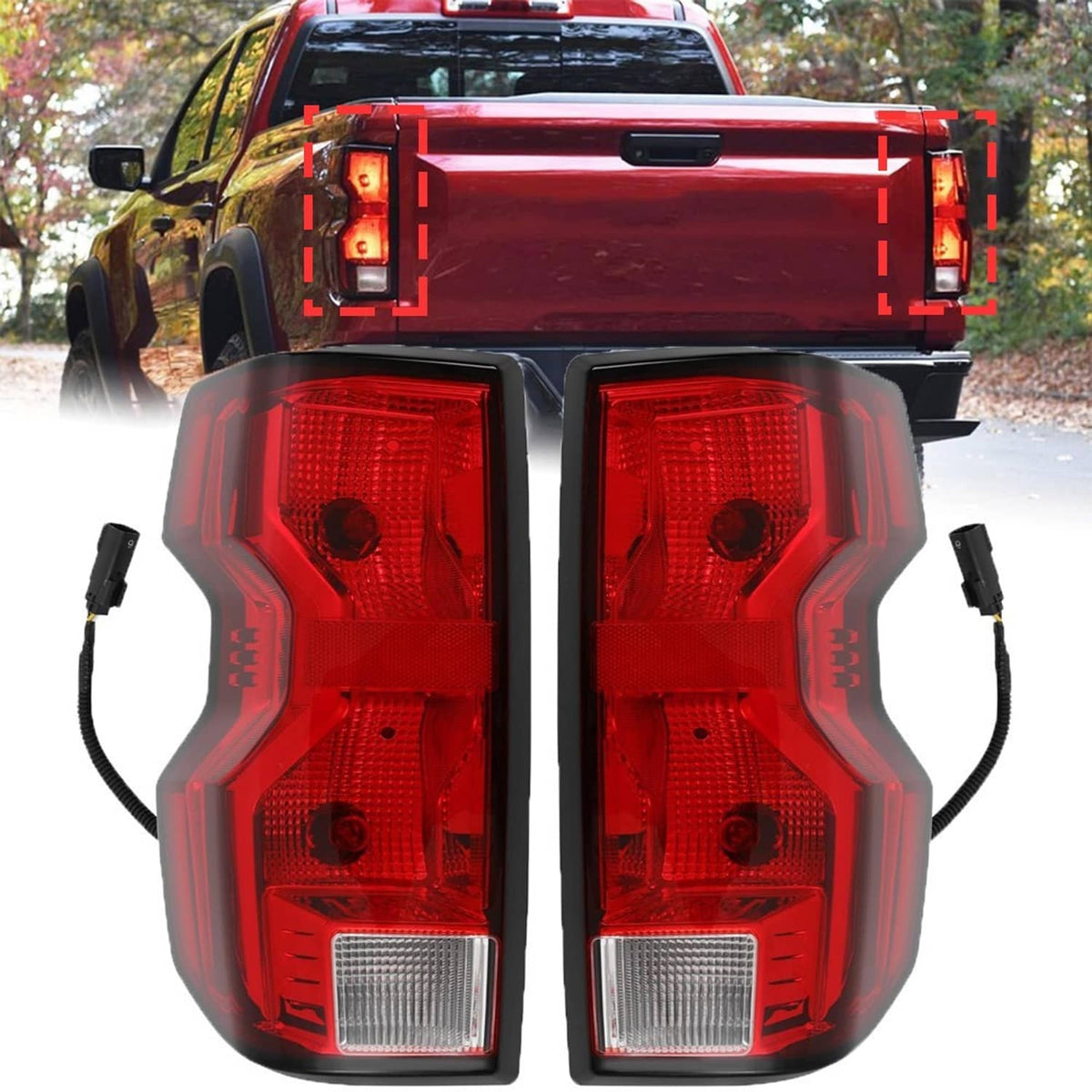 Truck tail light pair, red halogen housings with clear reverse lenses and bulbs