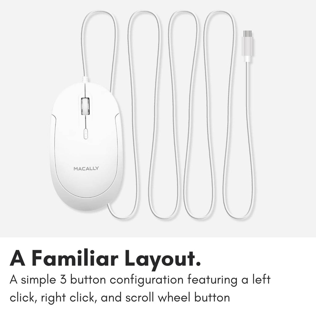 White wired optical mouse with long USB-C cable, 3-button layout, MACALLY logo