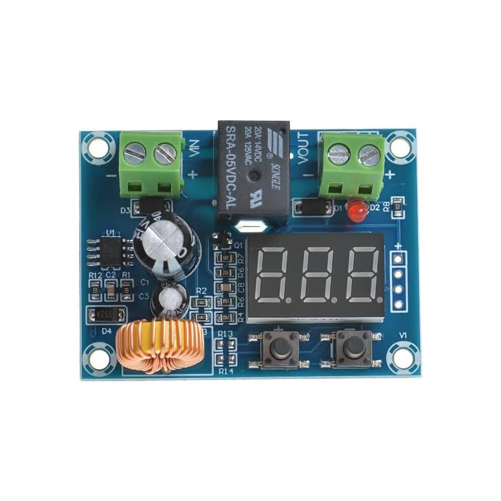 Blue PCB low-voltage disconnect switch module with 7-seg display and two green connectors