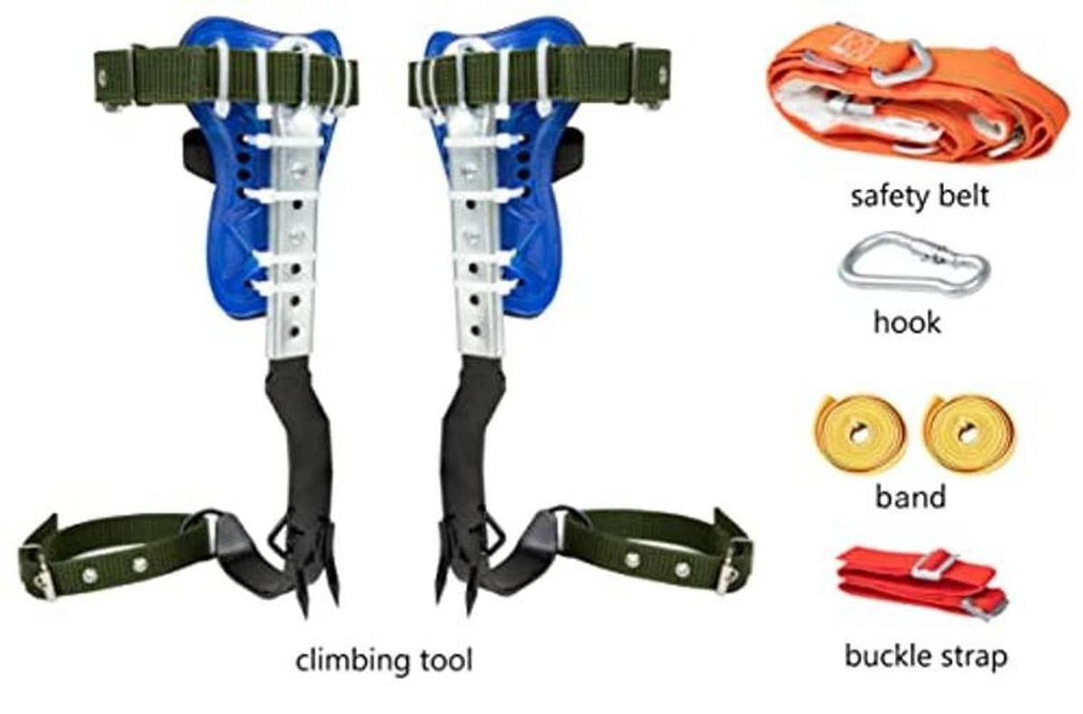 Tree climbing spikes harness belt set with blue pads, black leg straps, and green waist belt