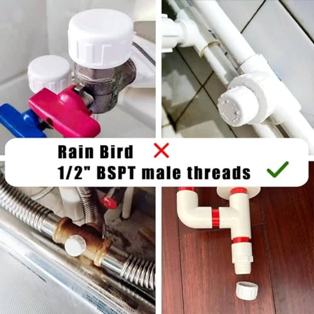 White PVC sprinkler end cap with threaded connection, shown with pipe fitting