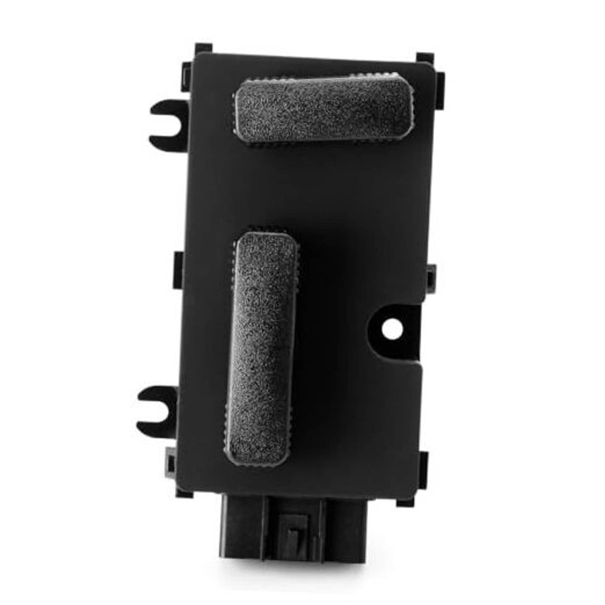 Passenger side power seat switch control module with two textured rocker buttons, black housing.