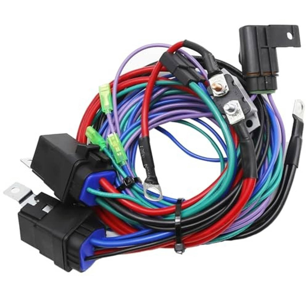 Marine tilt wiring harness with dense multi-color wire bundle and black terminal modules