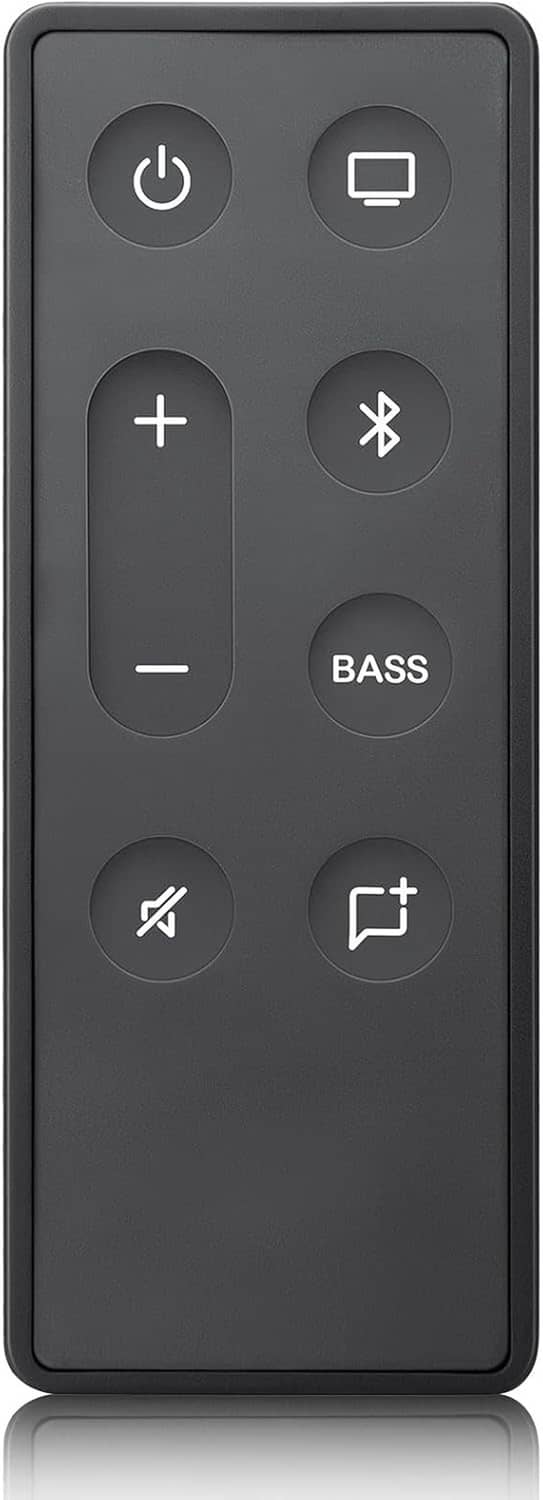 Black TV speaker remote with power, volume, Bluetooth, and bass buttons