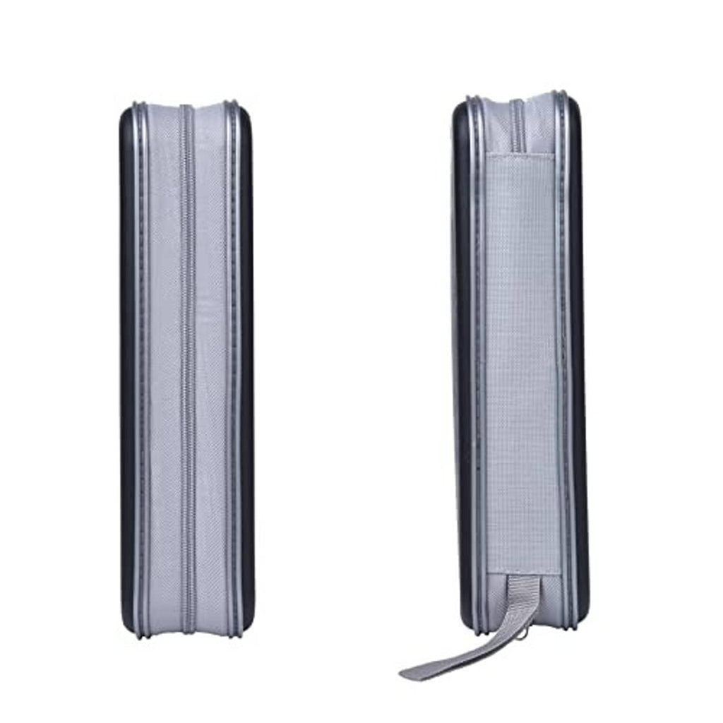 Black hard plastic CD storage wallet with gray edging, end views and spine detail